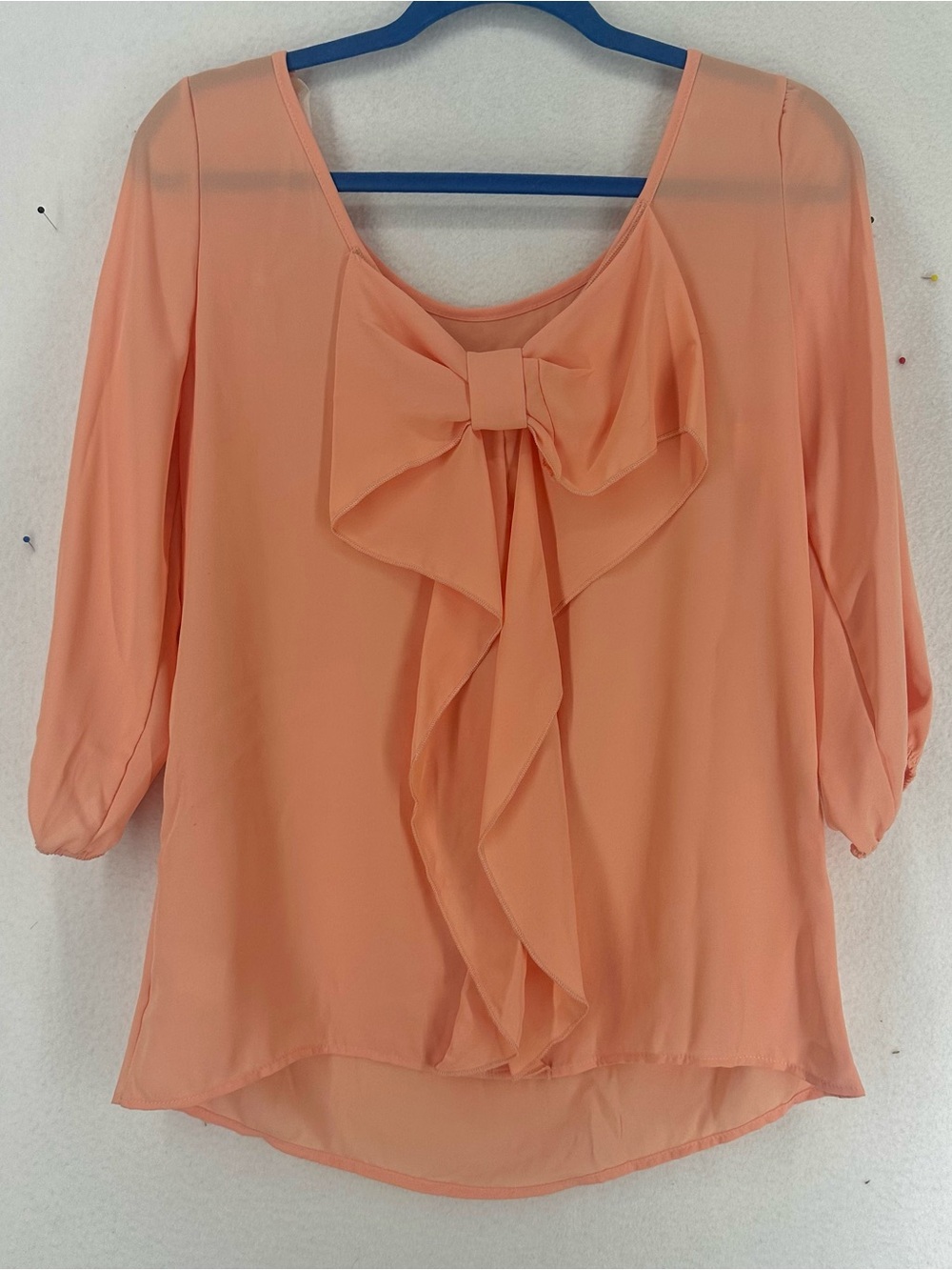 Auditions Bow Ruffle Blouse Women’s Medium Peach 3/4 Sleeve Y2K